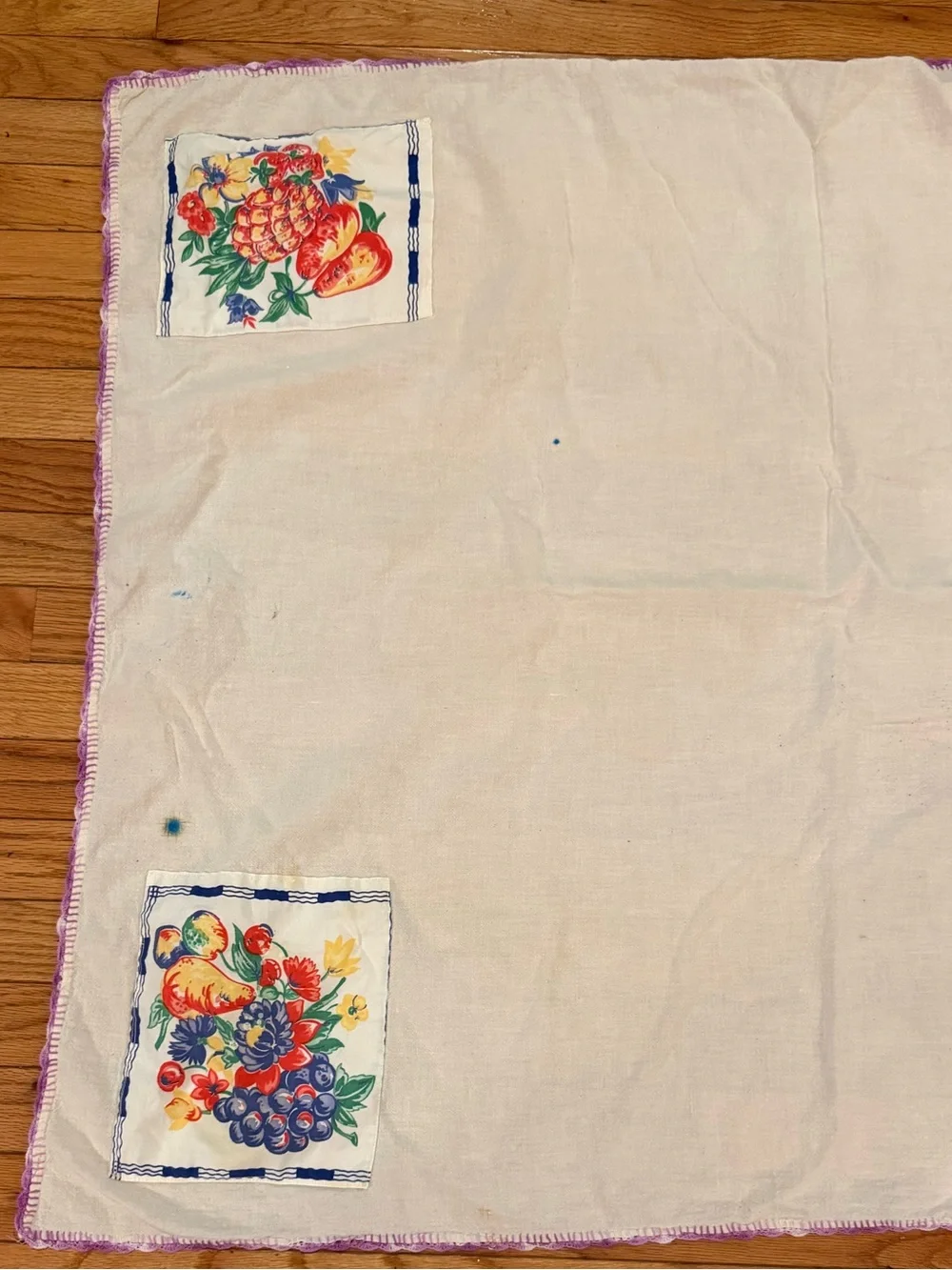 Vintage cotton tablecloth fruit print patches crochet edge 34x36 grannycore